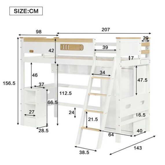 Merax Hochbett 90x200cm mit Rausfallschutz und Leiter Kinderbett mit Schreibtisch, Kleiderschrank und offenen Regale