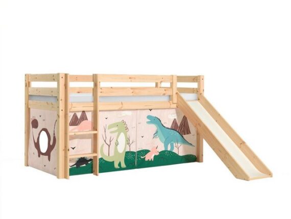 Natur24 Kinderbett Halbhohes Bett Pino mit Rutsche und Textilset Dino Kiefer Natur