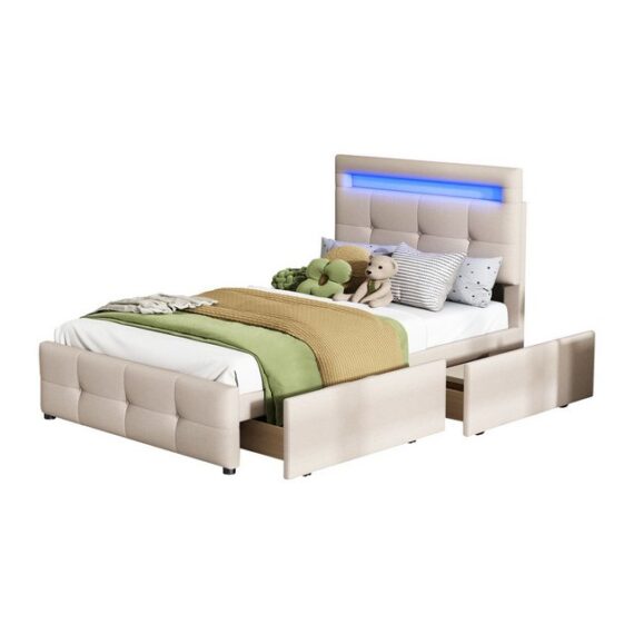 OKWISH Bett Kinderbett Jugendbett Gästebett Polsterbett (mit LED-Leuchten, 2 Schubladen, hautfreundlicher Leinenpolsterung flach), Ohne Matratze