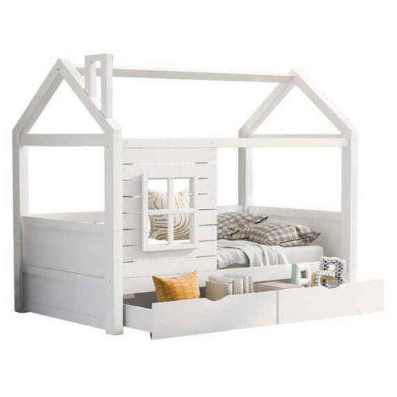 OKWISH Kinderbett Jugendbett Einzelbett (200x90 cm Weiß ohne Matratze mit 2 Schubladen), mit Rausfallschutz Fenster