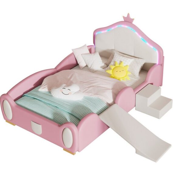 OKWISH Kinderbett Polsterbett Gästebett Hausbett Bett (Crown Cartoon Bett mit mehrfarbigem Multi-Mode-LED-Streifen, mit schützenden weichen Kanten,mit Holzlatten), Ohne Matratze