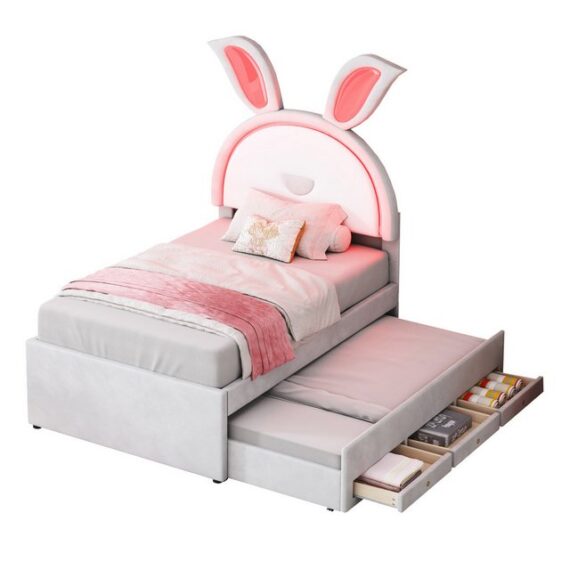 OKWISH Kinderbett Stauraumbett Polsterbett mit ausziehbarem Bett, Stauraum Schublade (mit farbwechselnde LED-Licht, Jugendbett Gästebett, Samtstoff Multifunktionales gepolstertes Einzelbett-Schlafsofa), ohne Matratze