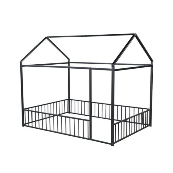 OKWISH Metallbett Hausbett Kinderbett Eisenbett Jugendbett (aus Metall mit Spielhaus-Design, stabiler Rahmen und Zaun für Kinder & Teenager - Ideal für Schlafzimmer & Spielzimmer, 140 X 200 cm), ohne Matratze