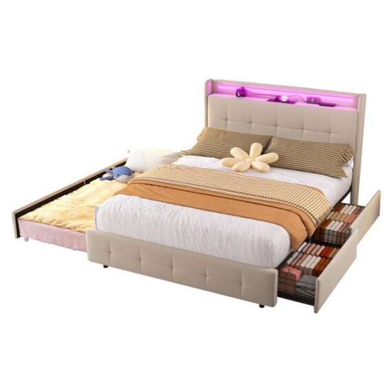 OKWISH Polsterbett Funktionsbett Doppelbett Stauraumbett mit USB-Ladeanschluss (LED-Beleuchtung & Ausziehbett, 2 Schubladen, Stauraum-Polsterbett für Schlafzimmer & Gästezimmer, Kinderbett Gästebett Jugendbett 140x200cm), Ohne Matratze