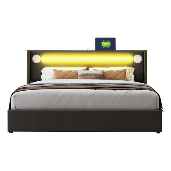 OKWISH Polsterbett Kinderbett mit LED-Lichtleiste, Bluetooth-Player und USB-Aufladung (Kunstleder-Aufbewahrungsbett, Hochbettkasten, Jugendbett mit Lattenrost, 160x200cm, ohne Matratze), 160 x 200cm Polsterbett aus Kunstleder mit Lattenrost, Schwarz