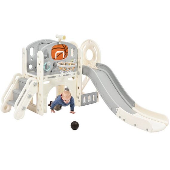 OKWISH Rutsche Laufstall, (mit langer Rutsche, 7 in 1 Spielzentrum, Rutsche, Treppenleiter, Basketballkorb,Teleskop, Tunnel, Wurfring), Kombi-Rutsche für Kinder