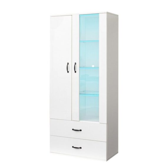 OKWISH Vitrine (16-farbige LED-Lichtvitrine mit Glasböden, Standvitrine mit zwei Türen, großer Stauraum, Front-Hochglanzvitrine) Höhe: 182cm