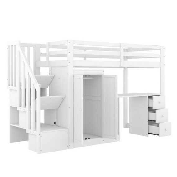 Odikalo Kinderbett Hochbett, Kleiderschrank Treppe Schreibtisch Schubladen, weiß, 90x200