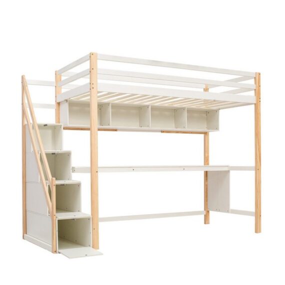 Odikalo Kinderbett Hochbett Stauraum Treppe Kiefernholz Schreibtisch Regalen weiß 90x200