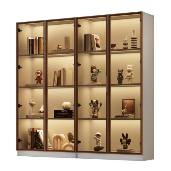 REDOM Standvitrine Vitrinenschrank Glasvitrine Bücherschrank Büroschrank Vitrine Schrank (Hochschrank mit LED-Beleuchtung und höhenverstellbaren Einlegeböden, 2-St., Aktenschrank Bücherregal Sammlervitrine Wohnzimmerschrank) mit 4 Türen 6 Fächern für Wohnzimmer Küche Esszimmer Büro