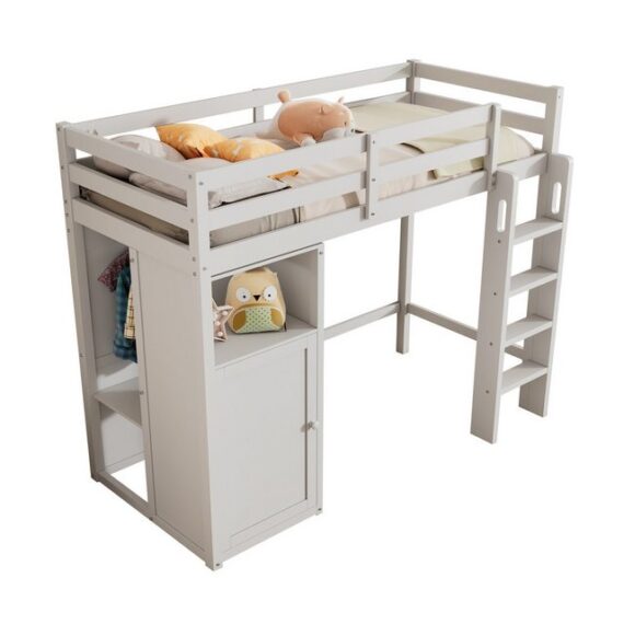 Refined Living Hochbett Kinderbett, Einzelbett 90x200 cm, mit Kleiderschrank, Regalen, Treppe (Kinderbett mit Stauraum, Hochbett mit Rausfallschutz, Kinderzimmermöbel Weiß, 1-St., mit Lattenrost & Rausfallschutz Liegefläche, Stabiler Aufbau) Sicher und kinderfreundlich, Großer Stauraum, Einfache Montage