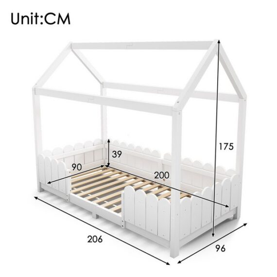 Refined Living Kinderbett Hausbett 90x200 cm, Jugendbett Holzbett Massivholzbett Kinderhaus (1-tlg., Ohne Matratze, Mit Rausfallschutz und Lattenrost), vielseitiges Holz Kinderbett für Jungen & Mädchen