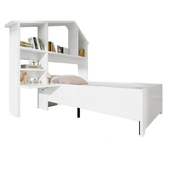 Refined Living Kinderbett holzbett mit Bücherregale,Stauraum und Lattenrost, 90×200 cm (204×156×148cm (L×H×B), ohne Matratze, Kinderzimmer Möbel weiß, 1-tlg., Lattenrost Einzelbett, Bücherregalbett, Lattenrost Bett, Jugendbett), Großer Stauraum, Robustes Material, Sicherheitsdesign