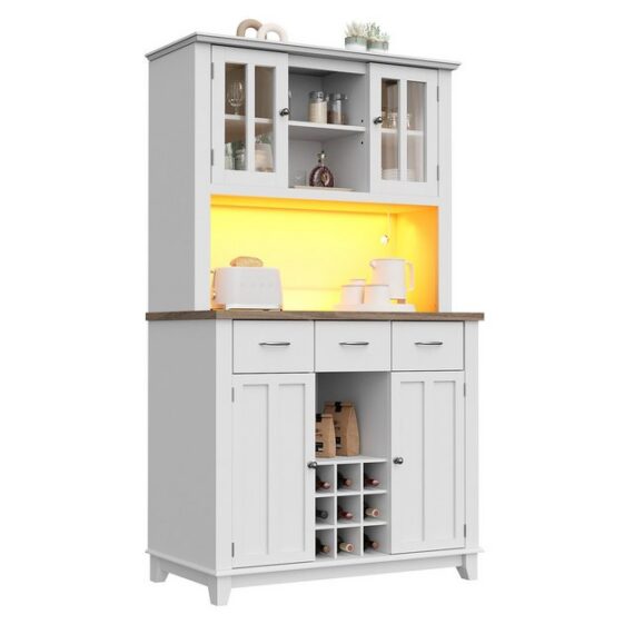 Refined Living Küchenbuffet Hochschrank Vitrinenschrank Buffetschrank Sideboard mit LED (106 x 40 x 179,5 cm, mit 3 Schubladen, 4 Türen, Aufbewahrung Küche, 1-St., mit Verstellbaren Ablagen, LED-Beleuchtung, Hochwertige Materialien) Viel Stauraum, Sicherer Kippschutz Multifunktionales Design