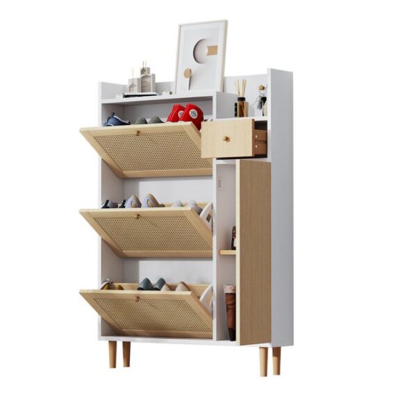 Refined Living Schuhschrank Holzwerkstoff Schuhschrank aus Rattan, mit Schublade Schuhregal (Platzsparender Aufbewahrungsschrank,Sideboard, Maße: B90/H125/T17 cm, mit 3 Kipp-Türen und 1 Schublade, 1-St., mit Massivholzbeinen und Griffen, Hochwertige Materialien) für enge Eingänge,Großer Stauraum, Platzsparend & Praktisch,Flur Möbel