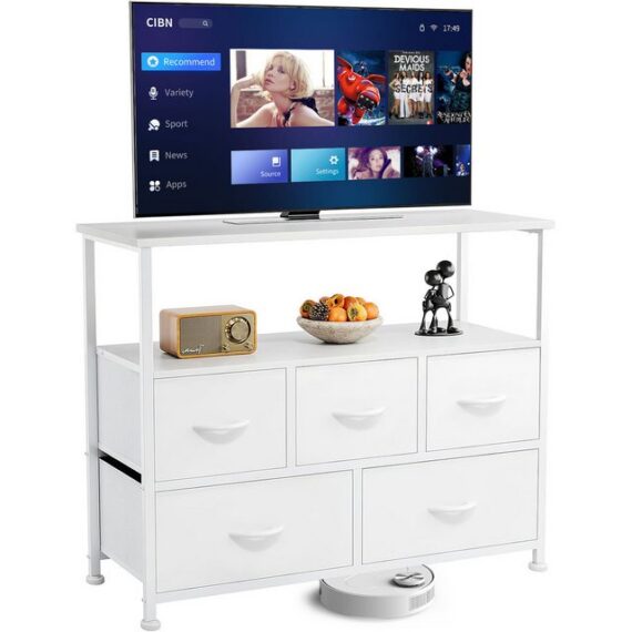 Refined Living TV-Schrank Stoffkommode mit 5 Schubladen mit Griffen stabilem Stahlrahmen (Hält 45" TV mit offenen Regalen, Medienkonsole, Sideboards mit Holzoberfläche und Stoffschubladen Modernes Design) Kommode Geeignet für Kleidung, Kinder, Wohnräume, Flure, Eingänge