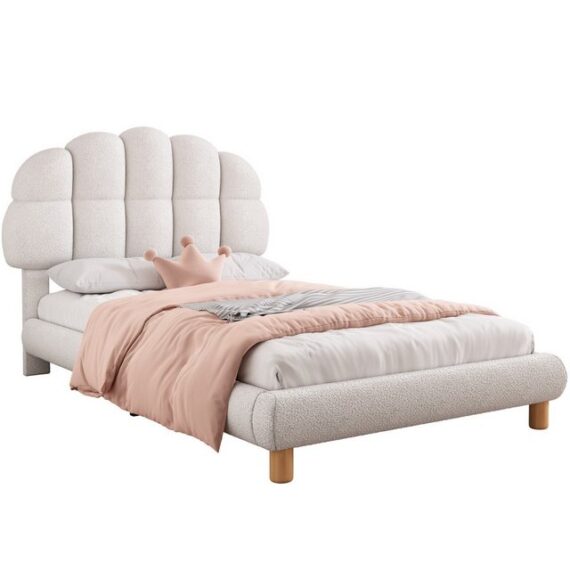 Romance Kinderbett Einzelbett Jugendbett Polsterbett Holzlattenrost Sherpa 90 x 200 cm, Höhenverstellbar Beige/rosa mit Lattenroste( Ohne Matratze)