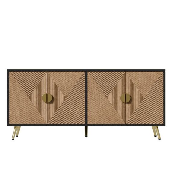 Romance TV-Schrank Lowboard, TV-Kommode, TV-Möbel, TV-Bank, Fernsehtisch Mit Vier Türen, Farbblockstruktur, Fächern, Metallbeine, Breite 160 cm