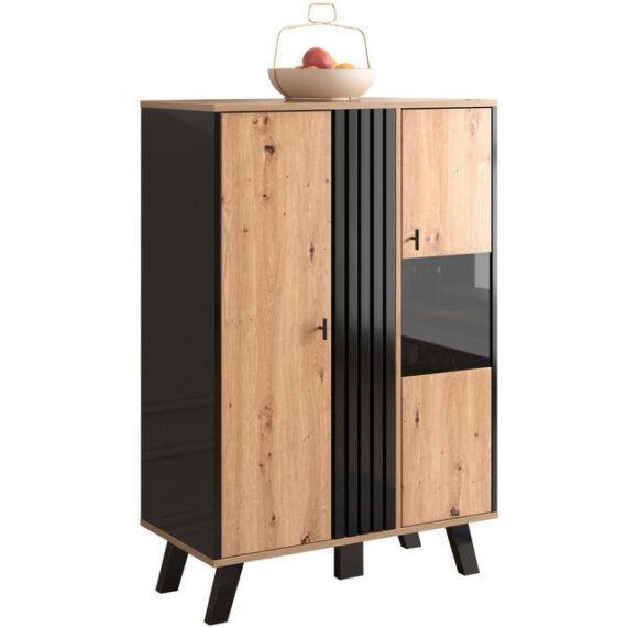 Rutaqian Beistellschrank Beistellschränke, Sideboard, Vitrinen mit Glas und LED-Beleuchtung (1-St) Enthält Laminate, einzigartiges schwarzes Holzstreifendesign