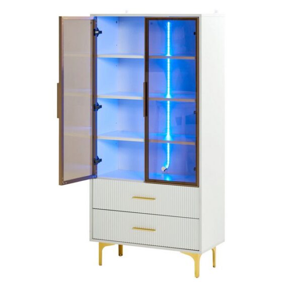 Rutaqian Hochschrank Glasvitrine, Standvitrine, mit LED-Beleuchtung, 2 Schubladen, (1 Sideboard, 1-St., mit 2 Glastüren, goldene Beine und Griffe) Mode-Design, Sammelvitrine, verstellbare Regale, 70×35×150cm