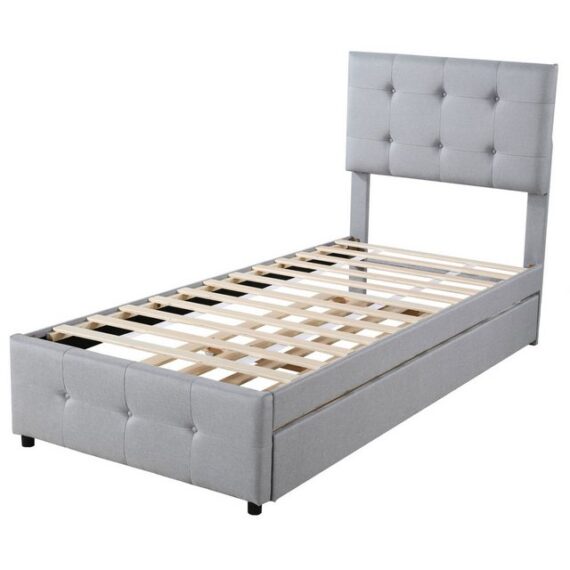 Rutaqian Jugendbett Polsterbett 90 x 200 cm, modern Einzelbett Kinderbett Gästebett, mit ausziehbarer Liegefläche, verstellbares Kopfteil, Lattenrost