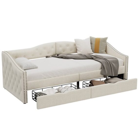 Rutaqian Schlafsofa Einzelbett, Polsterbett mit Schubladen und Lattenrost, 90×200 cm, 1 Teile, luxuriöser Stil, modernes Design, ohne Matratze