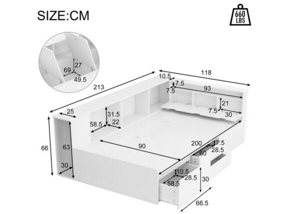 SeedWave Einzelbett Holz-Kinderbett mit Stauraum, Kopfteilschublade und Einbauschrank, Jugendbett mit Stauraum unterdembett,90 x 200cm,weißes Einzelbett