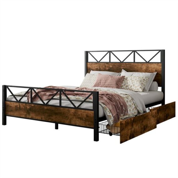 Sweiko Metallbett Kinderbett Einzelbett (140x200cm Jugendbett 2 Schubladen mit Rollen,Flachbetten Heranwachsende und Erwachsene, Schwarz + Walnuss,Ohne Matratze)