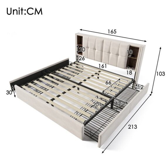 Sweiko Polsterbett Doppelbett mit Kabellosem Laden USB C& 4 Schubladen, (Lattenrost aus Holz), Beige Samt (Mit Matratze)