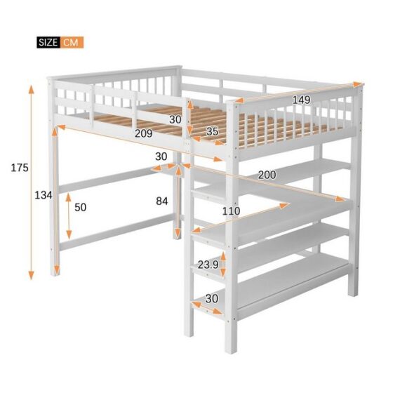 Ulife Hochbett Kinderbett Kiefernholzbett mit Ablagefächern und Unterbettschreibtisch