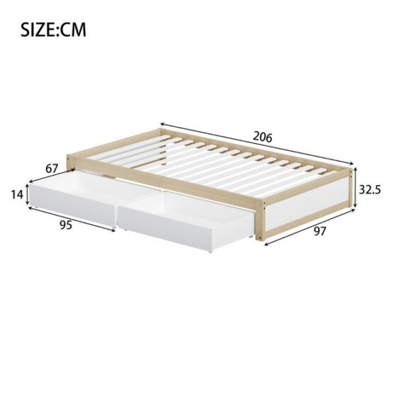 Ulife Massivholzbett Einzelbett Kinderbett Jugendbett mit 2 Schubladen und Lattenrost (1-tlg., Ohne Matratze), 90*200cm, Natur