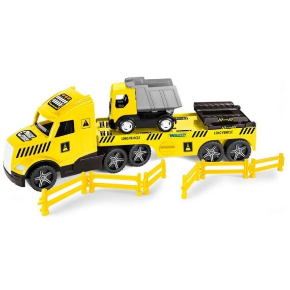 Wader Wozniak Spielzeug-Abschlepper Magic Truck Tieflader mit Kipper, Bau Transportfahrzeug, (SET -mit im Dunkeln leuchtende Scheinwerfer, 8-tlg., 2 Baufahrzeuge für Sandkasten und Kinderzimmer), incl. Muldenkipper Baufahrzeug, Absperrzaun