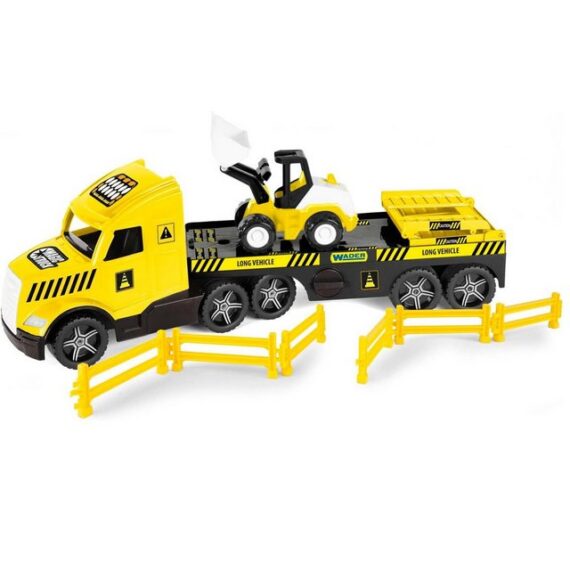 Wader Wozniak Spielzeug-Baumaschine Magic Truck Tieflader mit Bulldozer, Bau Transportfahrzeug, (Set mit im Dunkeln leuchtenden Scheinwerfern, 8-tlg., 2 Baufahrzeuge für Sandkasten und Kinderzimmer), incl. Bagger Baufahrzeug und Absperrzaun