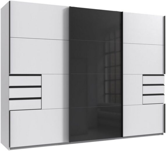 Wimex Schwebetürenschrank Leonberg, Kleiderschrank mit 6 Schubladen mit graphitfb.Glasfront, 270cm breit, 208cm hoch