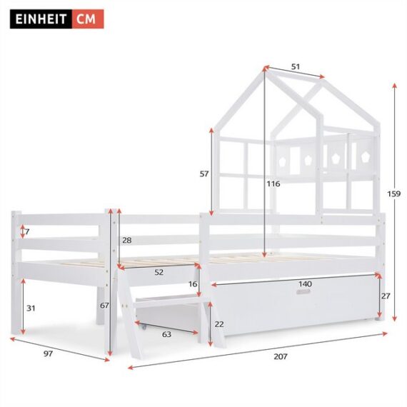 XDeer Jugendbett Hausbett Kinderbett mit Leiter und Schubladen, inkl. Lattenrost, Hochbett Massivholz mit Rausfallschutz 90x200cm Weiß Ohne Matratze