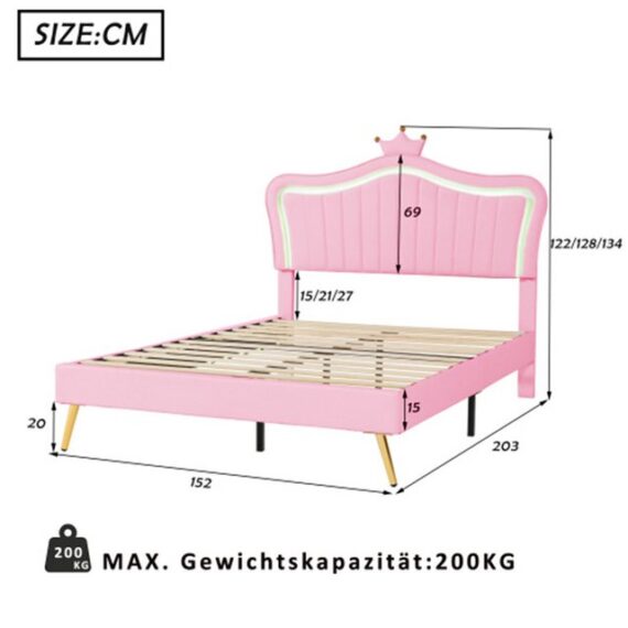 XDeer Kinderbett Kinderbett Polsterbett 140 x 200 cm, Bettgestell für Mädchen, Doppelbettgestell mit LED-Leuchten, Lattenrost und Rückenlehne