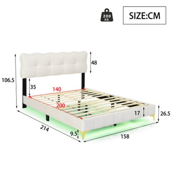 XDeer Polsterbett Polsterbett 140 x 200 cm, Jugendbett, Doppelbett mit LED-Leuchten, mit Rückenlehne mit Lattenrost Samtstoff Beige