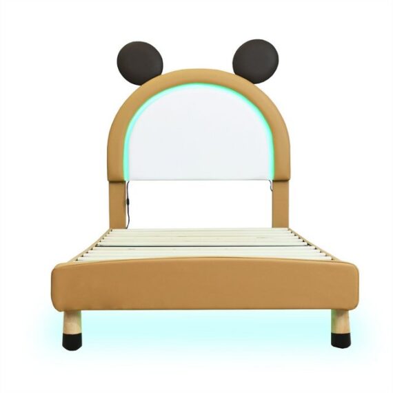 autolock Jugendbett Kinderbett Polsterbett 90*200cm, PU-Leder Zweifarbig mit LED, passend für Jungen und Mädchen, einzigartiges Styling