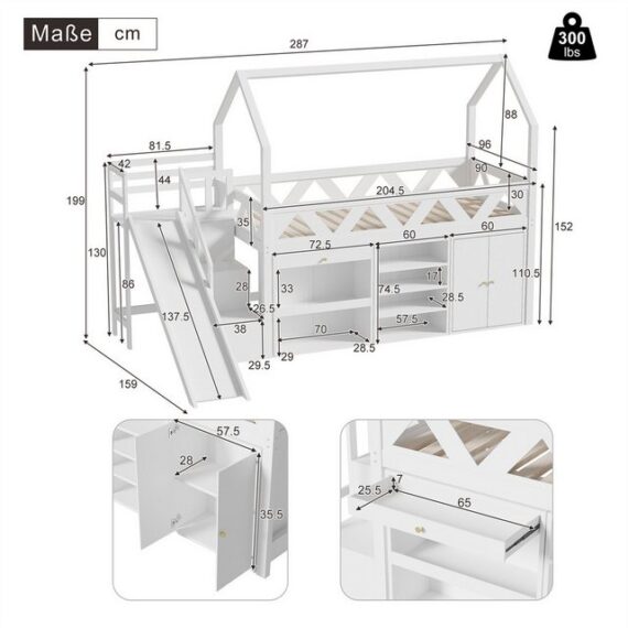 autolock Kinderbett Kinderbett, Einzelbett, multifunktionales Kinderbett mit Rutsche, Treppen,mit Schubladen und Schließfach,mit magnetischer Tür