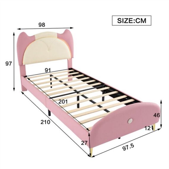 autolock Kinderbett Polsterbett, Kinderbett, LED-Streifen,Beige+Rosa, 90x200cm