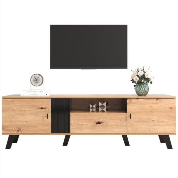 autolock TV-Schrank 172cm TV-Schrank mit Holz- und Schwarzdesign,TV-Möbel, Lowboard mit Schubladen, Vielfältige Aufbewahrungsfunktionen