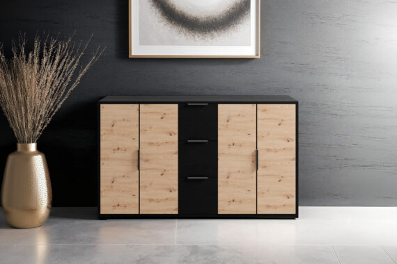 byLIVING Sideboard "Rimini", Melamin Eiche schwarz und Artisan Eiche, 3 Schubkästen, 4 Türen