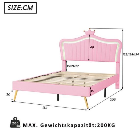 Blusmart Bettgestell Kinderbett Polsterbett mit LED-Leuchten (Kunstleder-Einzelbett-Gästebett mit Rückenlehne, Kronen-Doppelbettgestell), Lattenrost und Rückenlehne(Matratze nicht enthaltet)