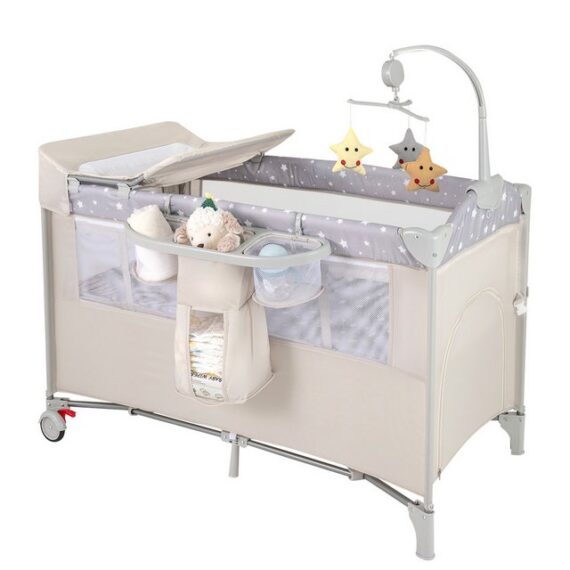 COSTWAY Baby-Reisebett 2 Ebenen 4 in 1 Babybett, mit Matratze & Spieluhr