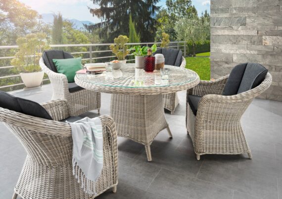 Destiny Garten-Essgruppe "MALAGA LUNA", (Set, 5 tlg., 1 Tisch Ø, 4 Sessel), (Set, 13-tlg., 4x Sessel, 1 Tisch Ø 100x75 cm) Aluminium, Polyrattan