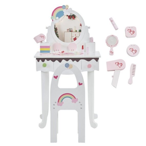 FCH Spielzeug-Frisierkoffer Kinder Schminktisch Set, Prinzessin Frisiertisch, Schminkhocker und 3 Schubladen, Make-up Schminktisch Frisierkommode