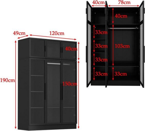 FUFU&GAGA Kleiderschrank mit Glastüren und Beleuchtung 190 cm