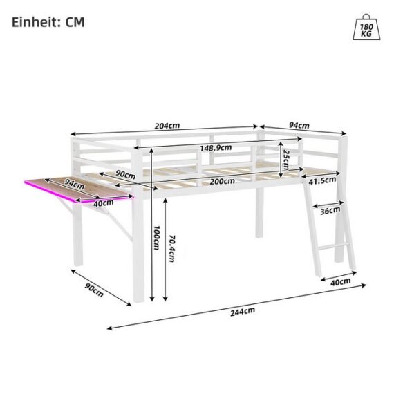 Flieks Hochbett Metallbett Kinderbett 90x200cm mit LED Klapp-Schreibtisch und Leiter