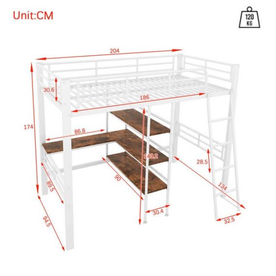 Flieks Hochbett Metallbett Kinderbett 90x200cm mit Schreibtisch Regale Geländer Leiter