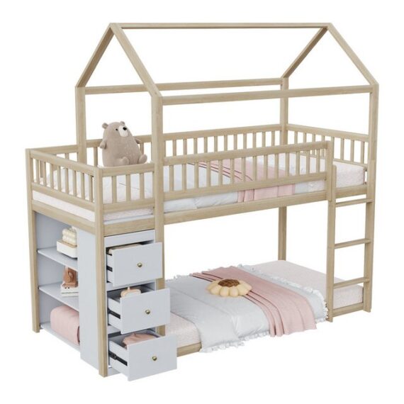 HAUSS SPLOE Etagenbett 90x200cm Kinderbett mit Aufbewahrungskommode, Regalen, Leiter, natur (Etagenbett,in Hausform mit Sicherheitszaun & Stauraumkommode - Niedriges Hochbett für Kinderzimmer mit Leiter, Massivholzrahmen, 90 x 200 cm), ohne Matratze